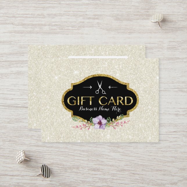 Hair Salon Blommigt Ivory Glitter Gift Certificate Rabattkort (Fram/Back In Situ)