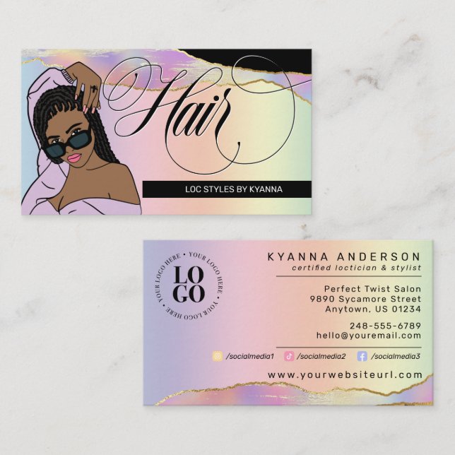 Hair Salon, Braid Stylist, Loctician Glam Pastel B Visitkort (Fram/baksida)