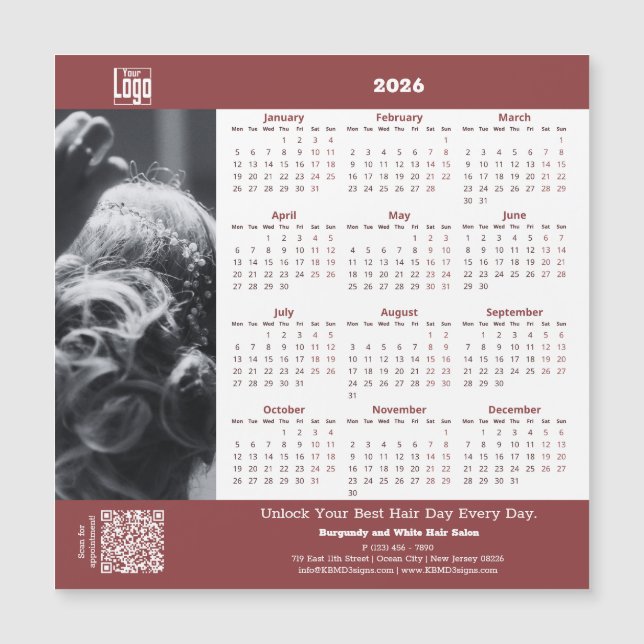 Hair Salon Burgundy White 2026 Calendar Magnet (Framsida)