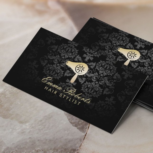 Hair Salon Guld Blow Dryer Logotyp Elegant Damask Visitkort (Skapare uppladdad)