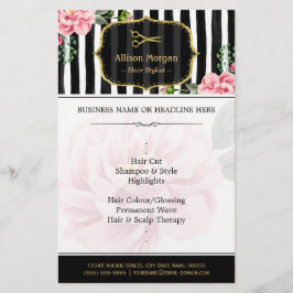 Hair Salon Guld Glitter Black White Blommigt Flygblad