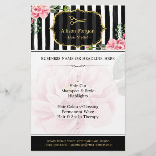 Hair Salon Guld Glitter Black White Blommigt Flygblad