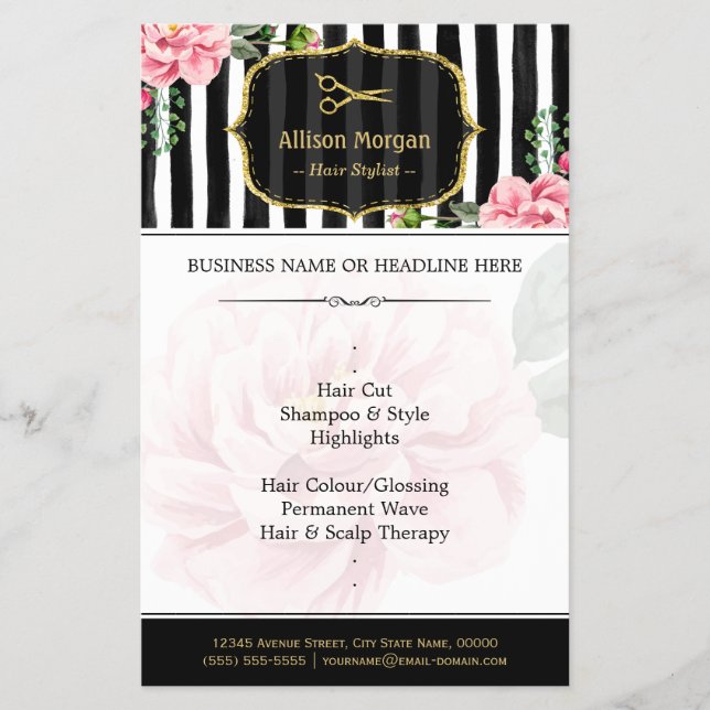 Hair Salon Guld Glitter Black White Blommigt Flygblad (Framsidan)
