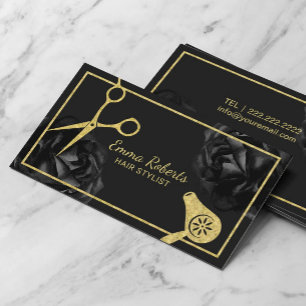 Hair Salon Guld Scissor & Dryer Black Blommigt Visitkort