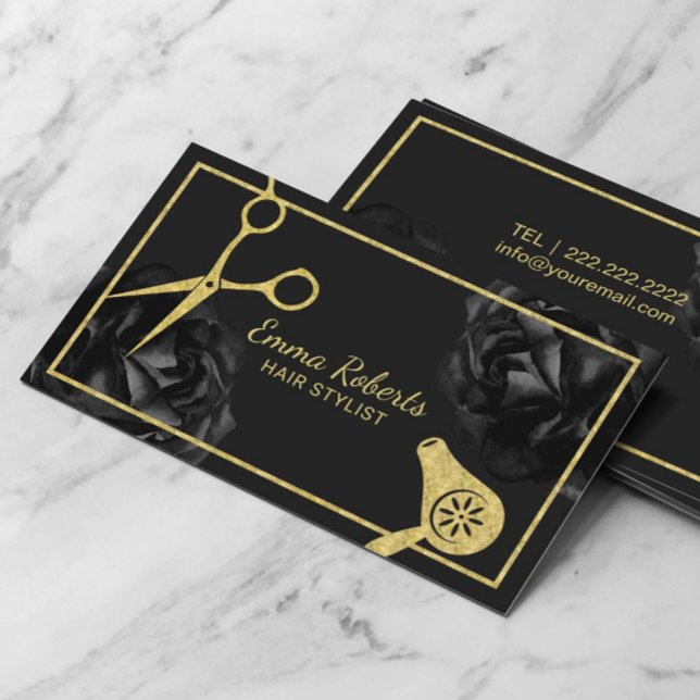 Hair Salon Guld Scissor & Dryer Black Blommigt Visitkort (Skapare uppladdad)