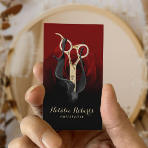 Hair Salon Guld Scissor & Röd ros Modern Stylist Visitkort