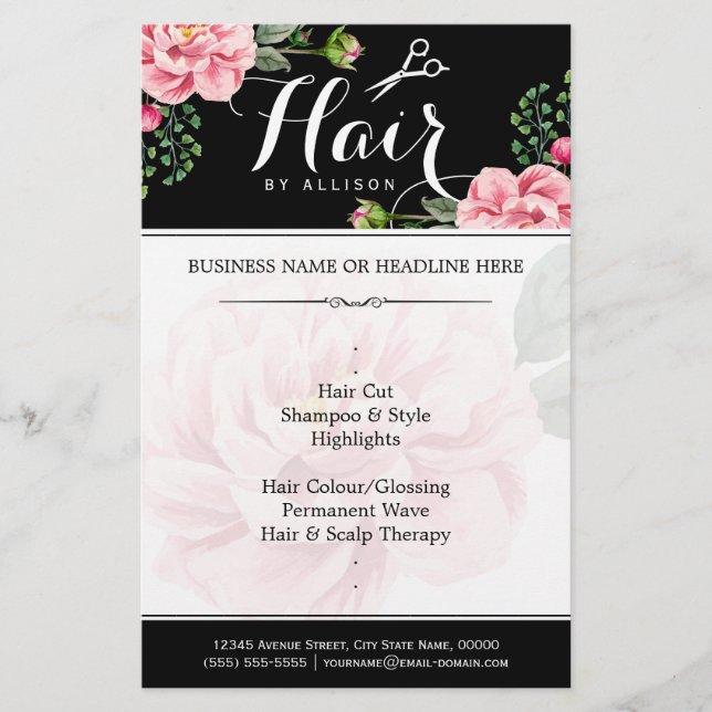 Hair Salon Hair cut Black White Blommigt Flygblad (Framsidan)