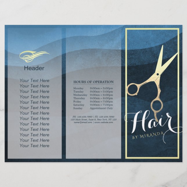 Hair Salon Hairstylist Blue Guld Sissors Tri-Fold (Framsida)