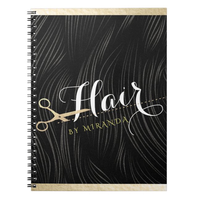 Hair Salon Hairstylist Modern Black Guld Scissors Anteckningsbok (Framsidan)