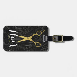 Hair Salon Hairstylist Modern Black Guld Scissors Bagagebricka