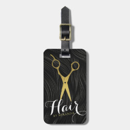 Hair Salon Hairstylist Modern Black Guld Scissors Bagagebricka