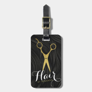 Hair Salon Hairstylist Modern Black Guld Scissors Bagagebricka