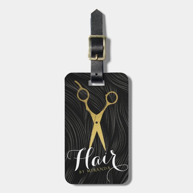 Hair Salon Hairstylist Modern Black Guld Scissors Bagagebricka (Vertikal Framsida)