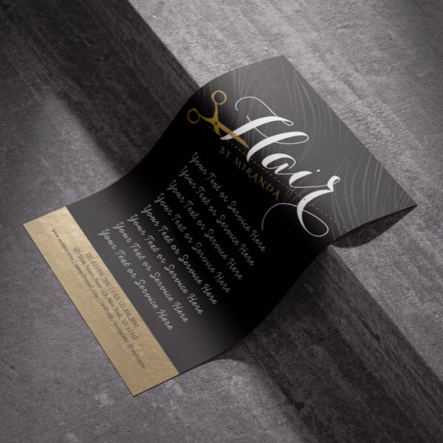 Hair Salon Hairstylist Modern Black Guld Scissors Reklamblad (Skapare uppladdad)