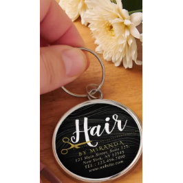 Hair Salon Hairstylist Modern Black Guld Scissors Rund Silverfärgad Nyckelring