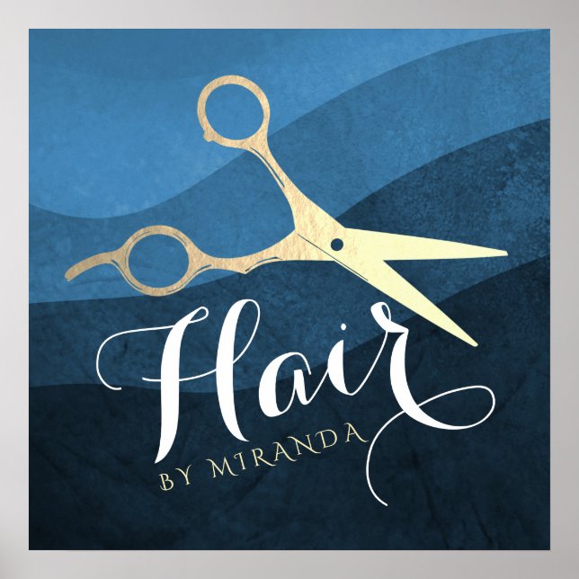 Hair Salon Hairstylist Modern Blue & Gold Scissors Poster (Framsidan)