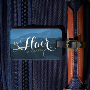 Hair Salon Hairstylist Modern Blue & Guld Scissors Bagagebricka