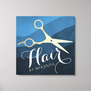 Hair Salon Hairstylist Modern Blue & Guld Scissors Canvastryck