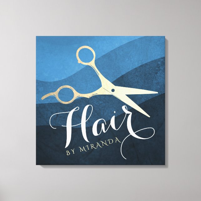 Hair Salon Hairstylist Modern Blue & Guld Scissors Canvastryck (Framsida)
