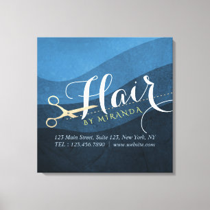 Hair Salon Hairstylist Modern Blue & Guld Scissors Canvastryck