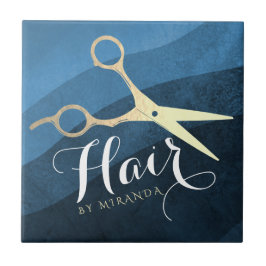 Hair Salon Hairstylist Modern Blue & Guld Scissors Kakelplatta