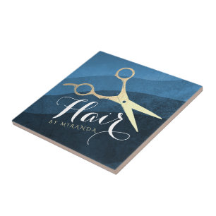 Hair Salon Hairstylist Modern Blue & Guld Scissors Kakelplatta