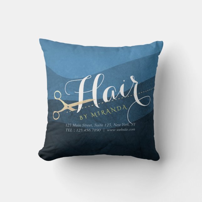 Hair Salon Hairstylist Modern Blue & Guld Scissors Kudde (Framsida)