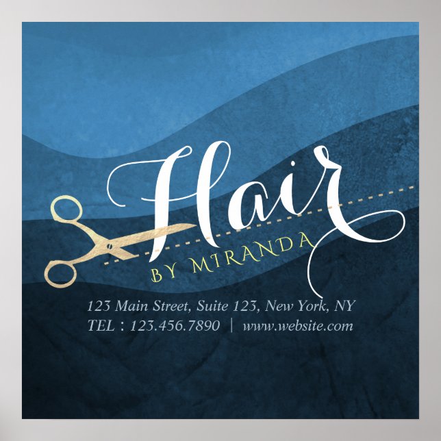 Hair Salon Hairstylist Modern Blue & Guld Scissors Poster (Framsidan)