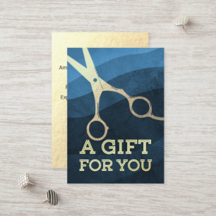 Hair Salon Hairstylist Modern Blue & Guld Scissors Rabattkort