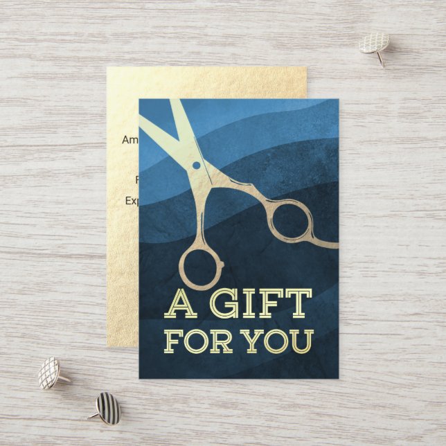 Hair Salon Hairstylist Modern Blue & Guld Scissors Rabattkort (Fram/Back In Situ)