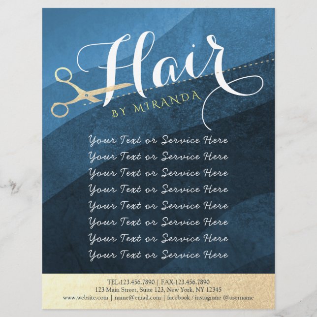 Hair Salon Hairstylist Modern Blue & Guld Scissors Reklamblad (Framsidan)