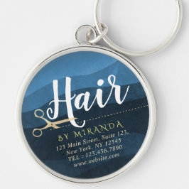 Hair Salon Hairstylist Modern Blue & Guld Scissors Rund Silverfärgad Nyckelring
