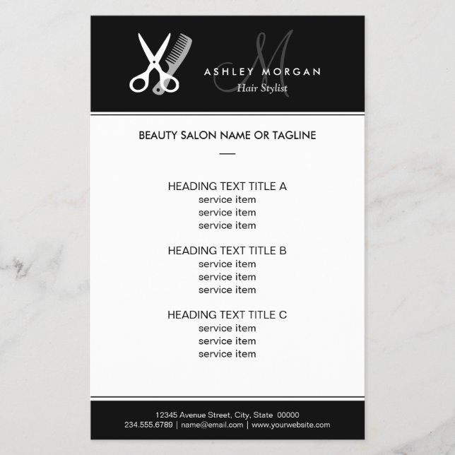 Hair Salon Hairstylist Simple Black White Monogram Flygblad (Framsidan)