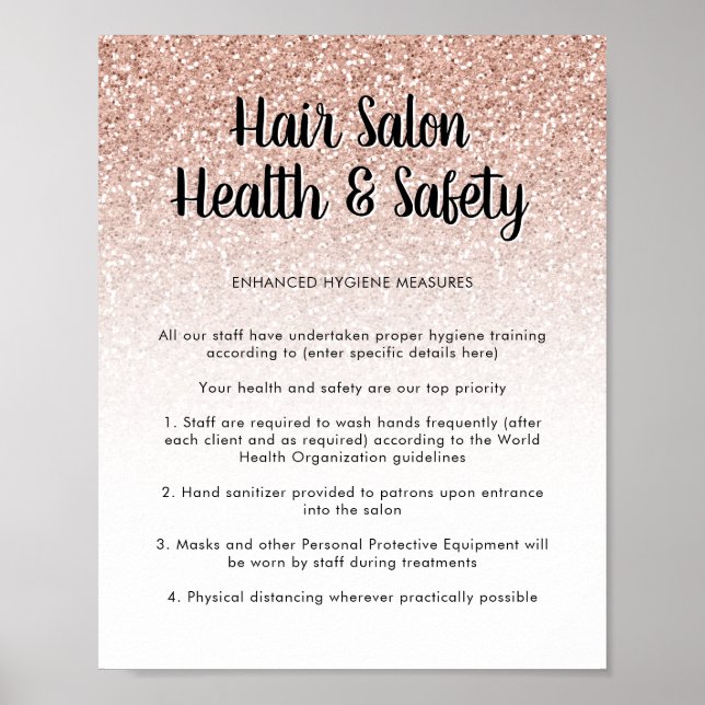 Hair Salon Health Safety Poster Rosa Peach Glitter (Framsidan)