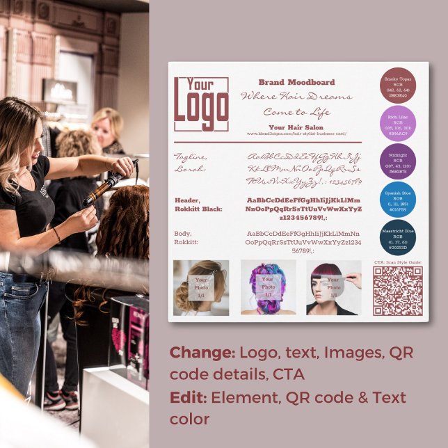 Hair Salon-kort för moderkort Inbjudningar (Hair Stylist Brand Identity Card, Logo, Type, Impression, Brand Colors)