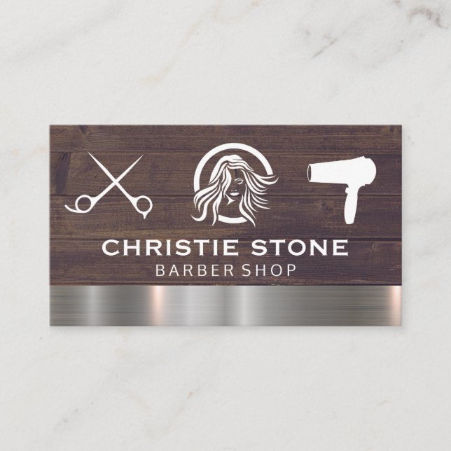 Hair Salon Logotyp | VERKTYG | Wood Metall Visitkort (Framsida)
