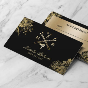 Hair Salon Modern Black & Guld Blommigt Möte Tidsbeställning Kort