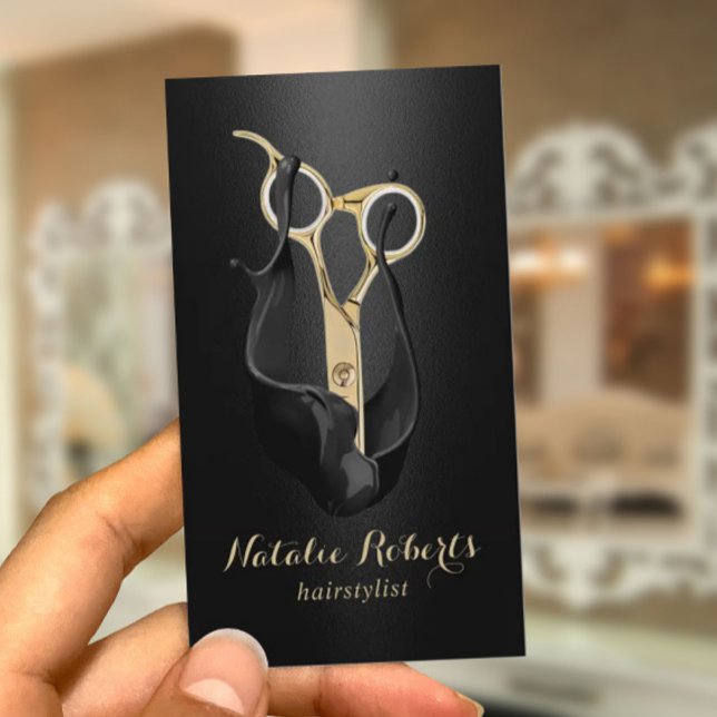 Hair Salon Modern Black Guld Scissor Hair Stylist Visitkort (Skapare uppladdad)