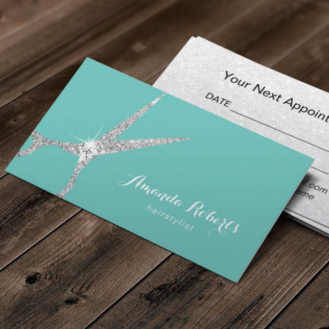 Hair Salon Modern Silver Scissor Teal Möte Tidsbeställning Kort (Skapare uppladdad)