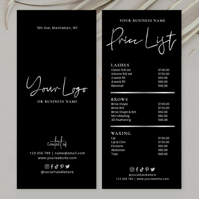 Hair Salon Nagel Spa Black & Silver Glam Pricing Reklamkort (Skapare uppladdad)