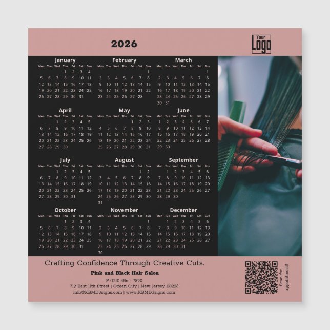 Hair Salon Pink Black 2026 Calendar Magnet (Framsida)