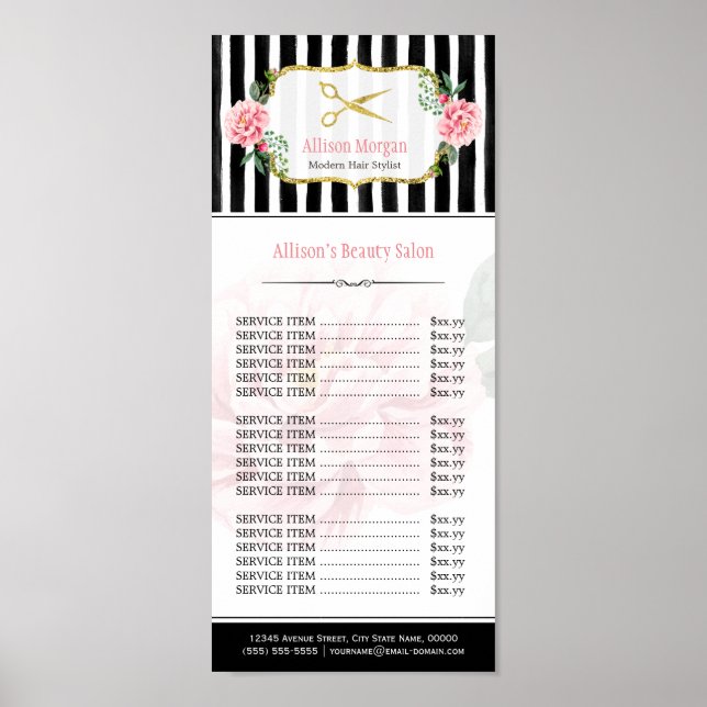 Hair Salon Pris List  Rosa Guld Chic Blommigt Poster (Framsidan)