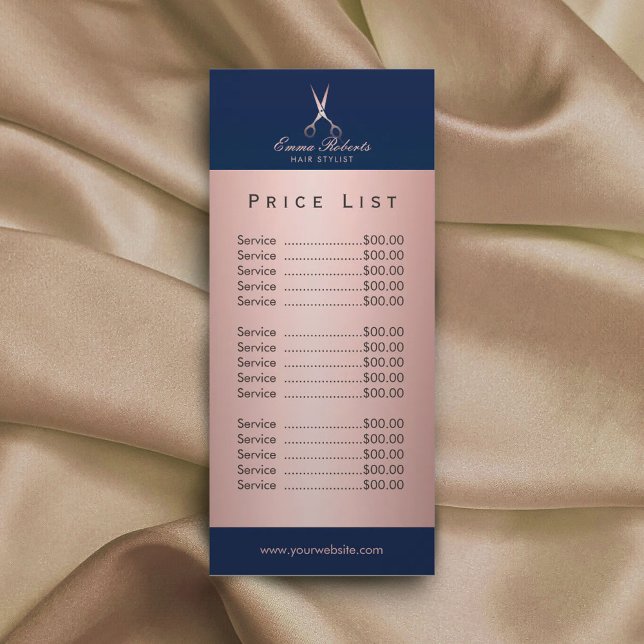 Hair Salon Ro Guld Scissor Navy Blue Pris List Reklamkort (Skapare uppladdad)