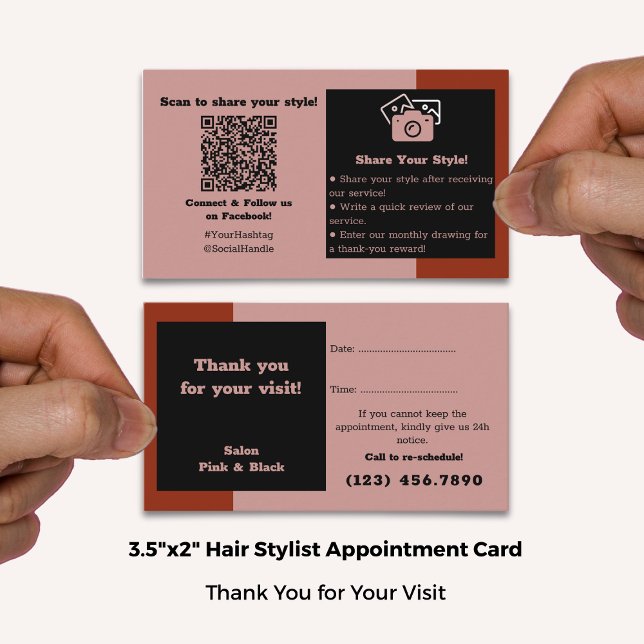 Hair Salon Rosa Black Red, tack, Social Connect oc Tidsbeställning Kort (Hair Salon Pink Black Red Thanks, Social Connect & Appointment Card; Standard Size: 3.5x2 Inch)