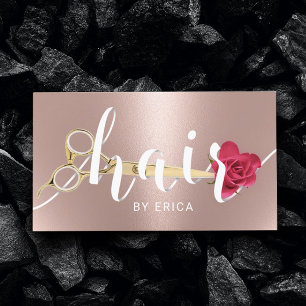 Hair Salon Scissor & Flower Typography Ro Guld Visitkort