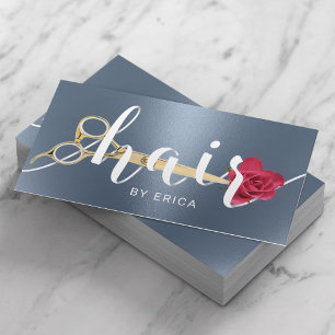 Hair Salon Sissor & Flower Typography Dusty Blue Visitkort