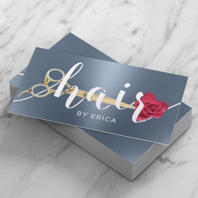 Hair Salon Sissor & Flower Typography Dusty Blue Visitkort (Skapare uppladdad)