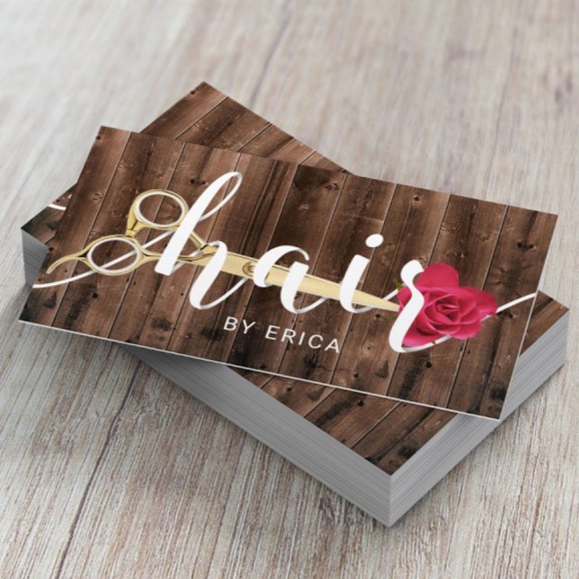 Hair Salon Sissor & Flower Typography Rustic Wood Visitkort (Skapare uppladdad)