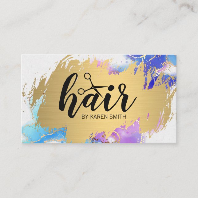 Hair Scissors Logotyp | Guld Brushed | Vattenfärg Visitkort (Framsida)