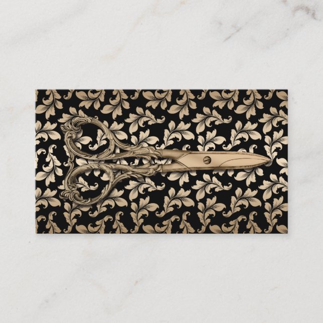 Hair Stylist Antique Scissor Black & Guld Damask Visitkort (Framsida)